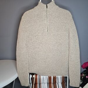 Banana Republic Rib-Knit 1/4 Zip Sweater-Mens MEDIUM-Tan-Cotton/Nylon/Wool